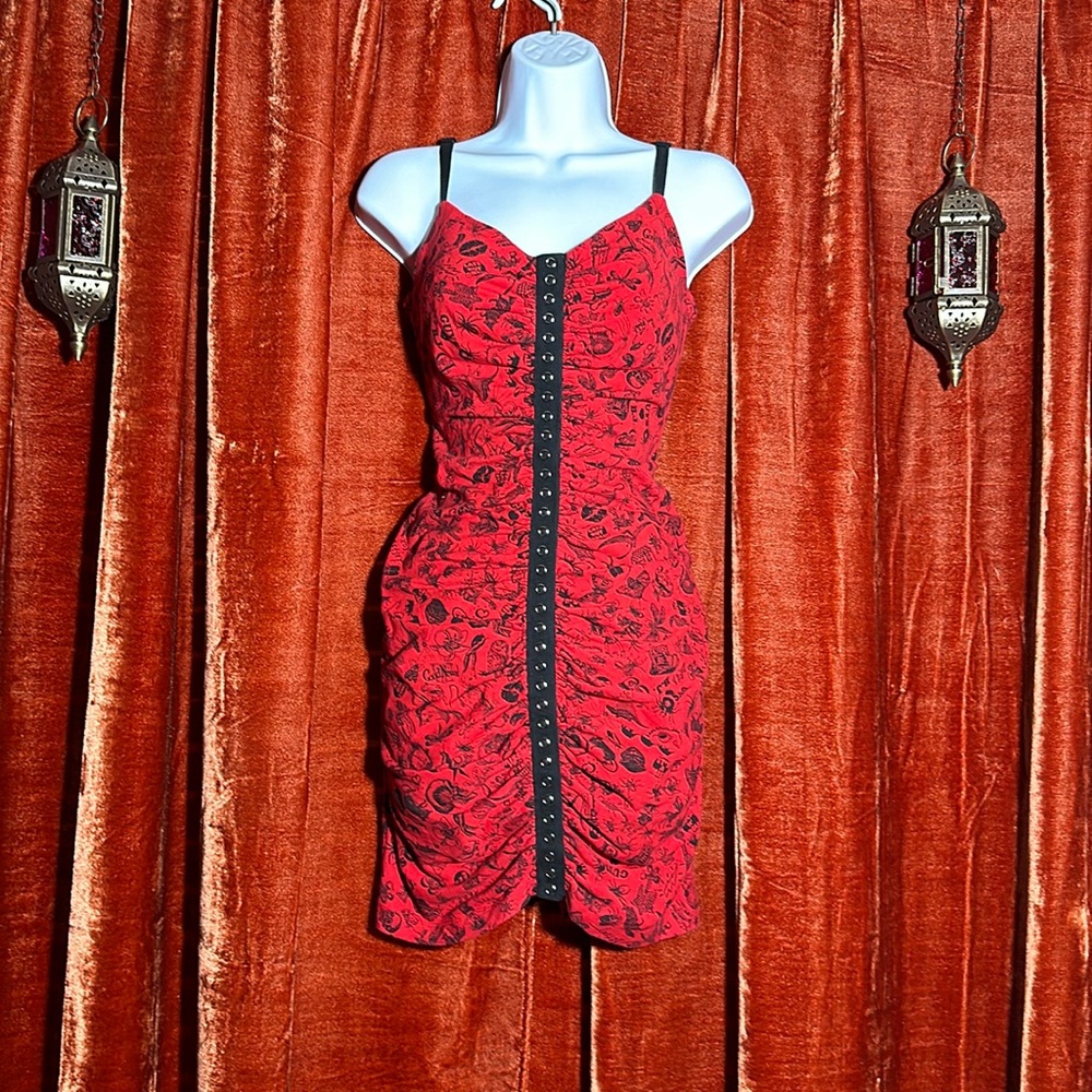 Vintage era red Betsey Johnson punk pinup tattoo dress. Rare collectible SM MED